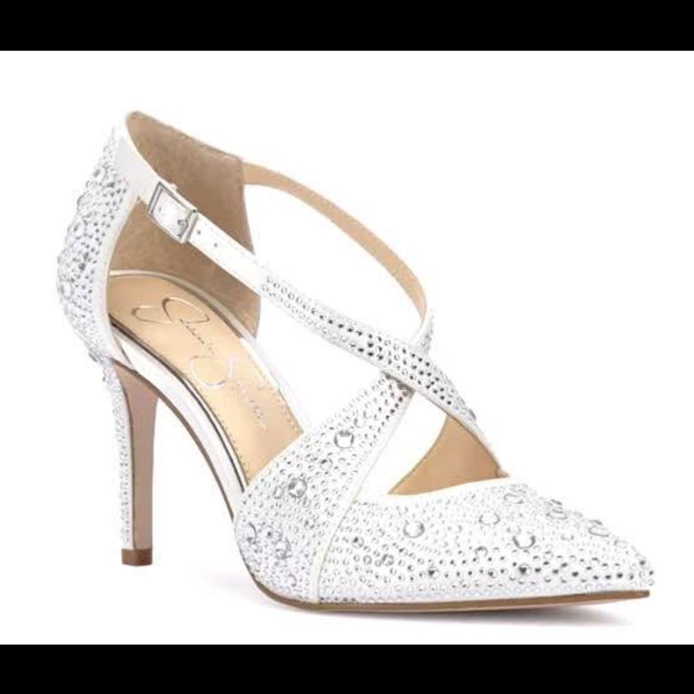 Jessica Simpson White Rhinestone Wedding Heels ‘happily ever after’ Accile heels